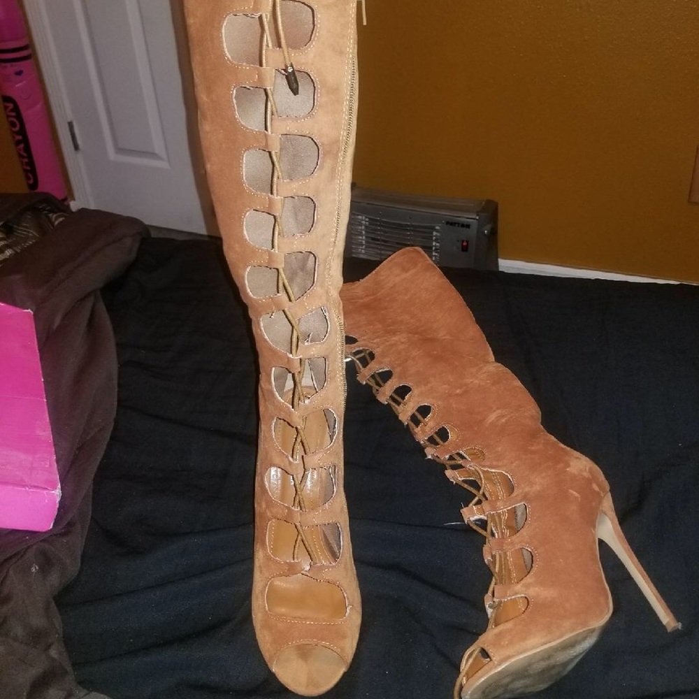 Brown open toe knee high boots